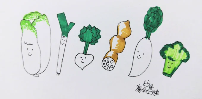 おはようございます!!
冬野菜たち!!
今日も素敵な木曜日を〜🤗
#絵描きさんと繫がりたい 
#みんなで楽しむTwitter展覧会
#イラスト #油性ペン #マッキー画
#アナログイラスト 