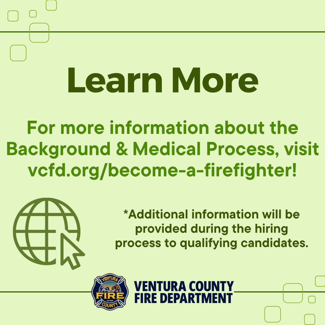JoinVCFD's tweet image. The Background &amp;amp; Medical portion of the hiring process for Firefighter Trainees! 🔍🩺

An invitation to participate in this process does NOT guarantee a spot in the Fire Academy. 

Learn more at vcfd.org/become-a-firef…

#JoinVCFD #VCFD #VenturaCountyFireDepartment #VenturaCounty