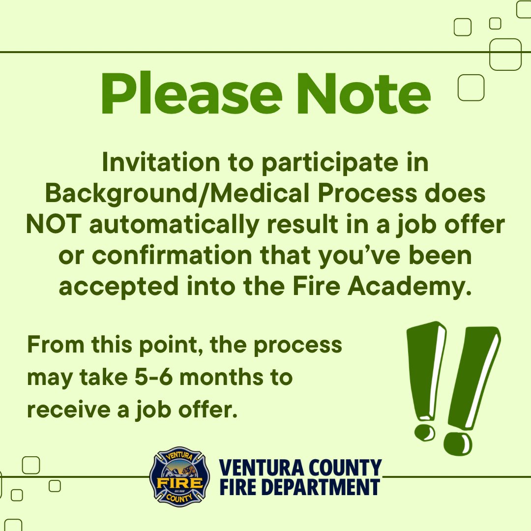 JoinVCFD's tweet image. The Background &amp;amp; Medical portion of the hiring process for Firefighter Trainees! 🔍🩺

An invitation to participate in this process does NOT guarantee a spot in the Fire Academy. 

Learn more at vcfd.org/become-a-firef…

#JoinVCFD #VCFD #VenturaCountyFireDepartment #VenturaCounty