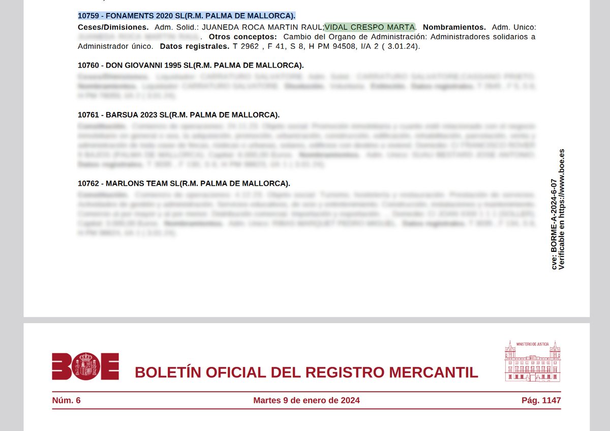 EduRobsy's tweet photo. 2/9
Con fecha 4 de enero de 2024 ha dejado de ser administradora de sus dos sociedades. No muestro el nombre de los nuevos administradores, pero en los enlaces aparece toda la información pública del #BORME.
09.01.24 - https://t.co/jLnFC6fefX
11.01.24 - https://t.co/GCUnQeaEKR https://t.co/tP0NgrOnkF