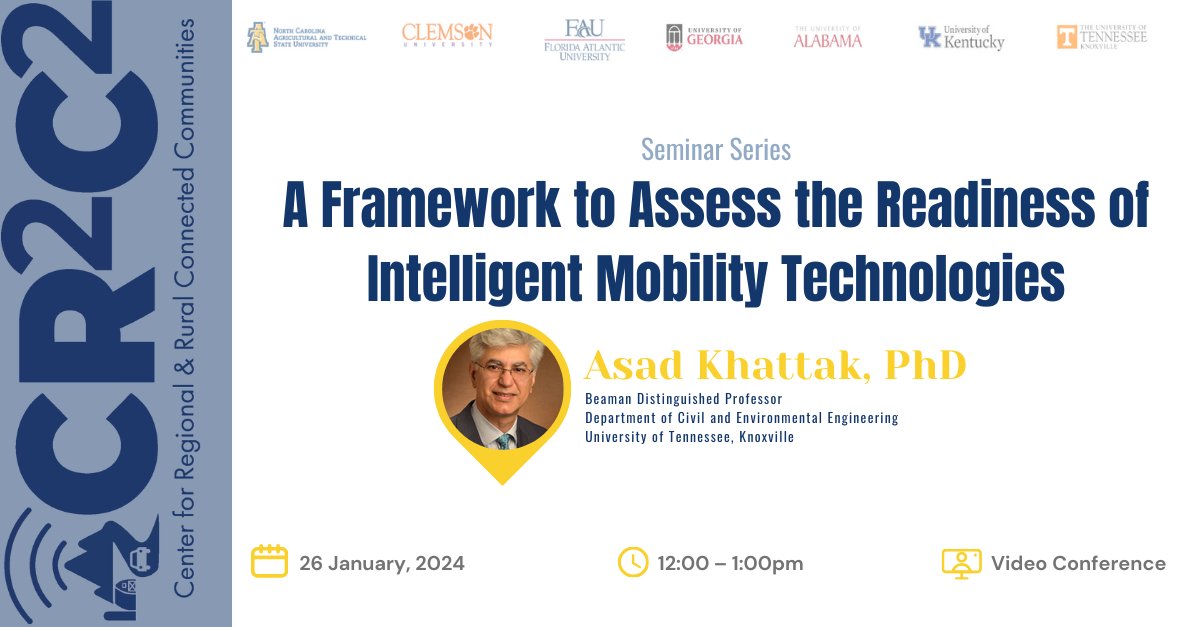 Save the Date and Join Our Zoom Seminar on Friday, January 26, from  12:00 PM to 1:00 PM, on Assessing the Readiness of Intelligent Mobility  Technologies. Seminar info: shorturl.at/jwzAW
Join via zoom:➡️ncat.zoom.us/j/97770408983 
#UTC #CR2C2 #AmazingUTCs #USDOT