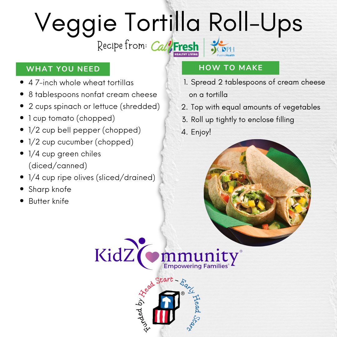 #KidZCommunity #MenuMonday - Try this veggie tortilla roll-up recipe from #CalFreshHealthyLiving 💜

#HeadStart #EarlyHeadStart #EarlyLearning #EmpoweringFamilies #GetAHeadStart #ComeEatWithUs #NowHiring #NowEnrolling #PlacerCounty #NevadaCounty