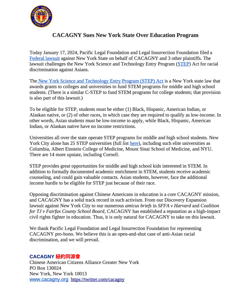 CACAGNY sues New York State over racial discrimination in its STEP STEM program: