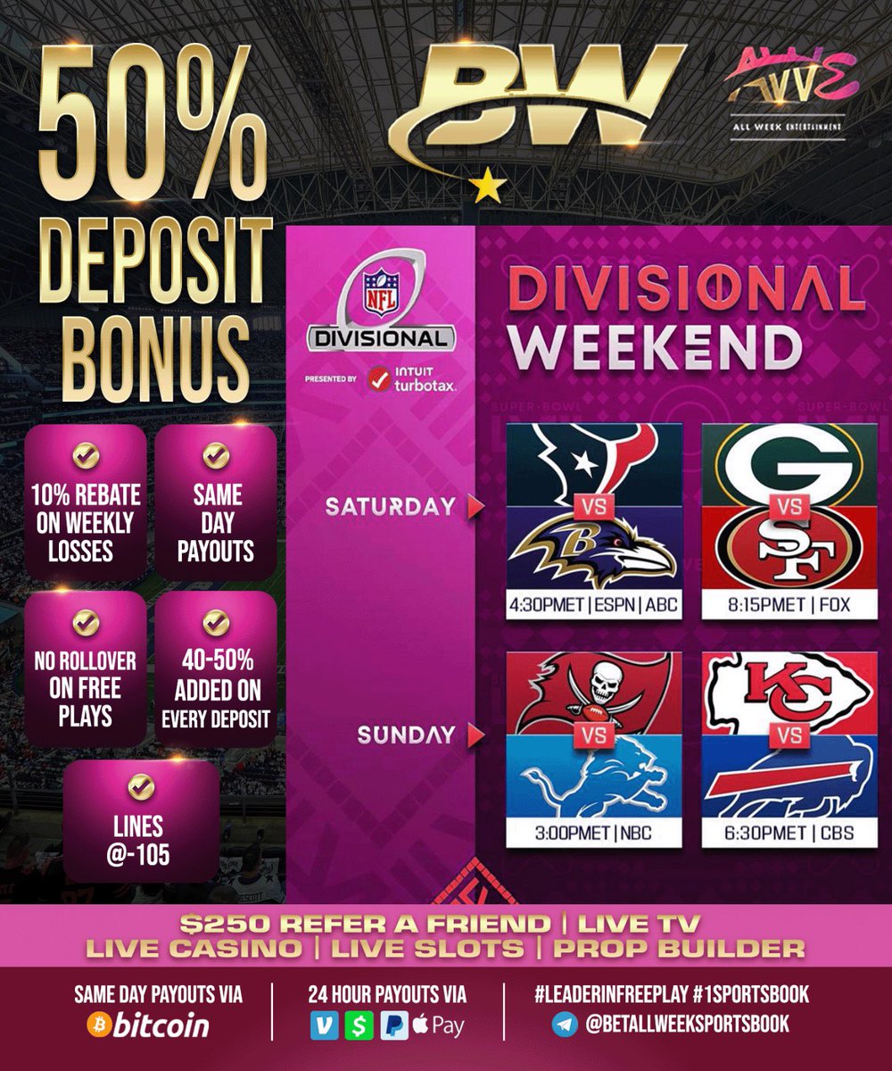 ThrillerBet's tweet photo. #divisonalround #nflplayoffs #nfl 🏈 #winorgohome 

#texans vs #ravens | #packersvs49ers #saturday 

#buccaneers vs #lions | #Bills vs #chiefs #sunday 
 
********** Terms & Conditions **********

Must use free play and balance to wager on events. If not rollover will applied to account. If account is in red figure, free play will not be applied. #joinus #fyp #instagood 

#betting #gambling #sportsbook #instalike #instalikes #gambling #wager #whoyougot #football