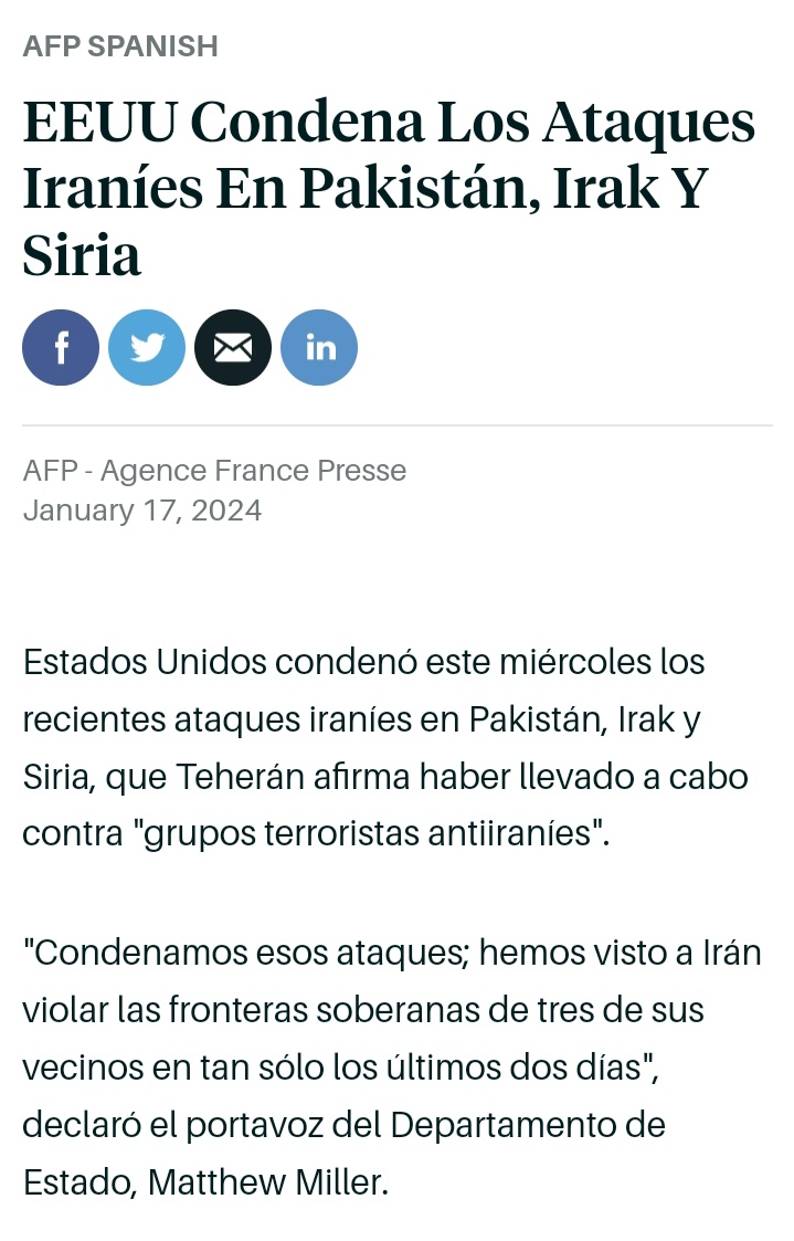 David_qva's tweet image. EEUU condena los ataques iraníes en Irak y Siria dijo el portavoz del Departamento de Estado Matthew Miller y amplió "hemos visto a Irán violar las fronteras soberanas de sus vecinos" ...¿Será que los bombardeos de Israel contra el Líbano y Siria no violan sus soberanías?