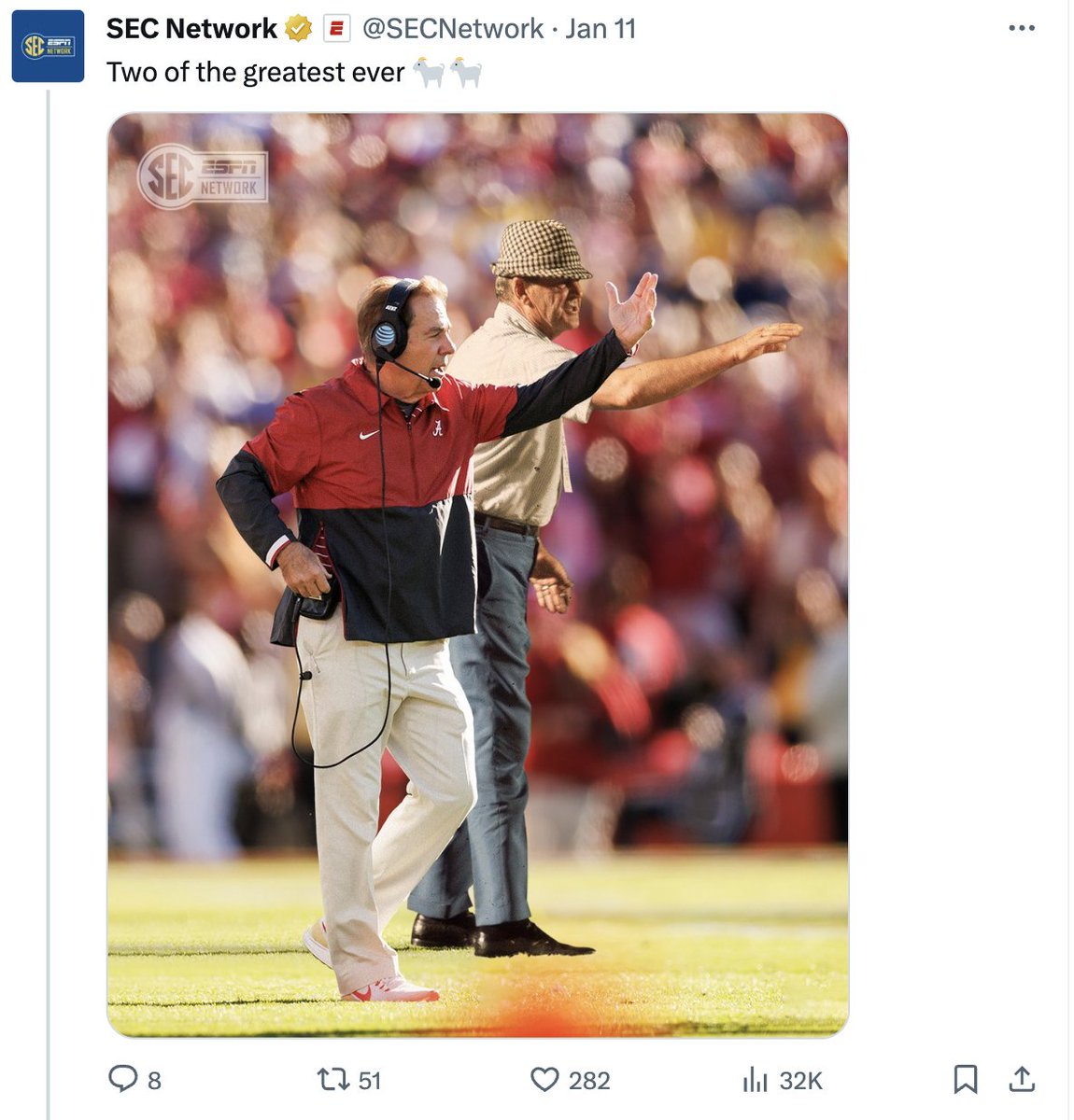 IsabellaBenge's tweet photo. SEC Network's tweet including both of these coaches next to each other in a graphic is a creative approach to honoring both legends. Following Saban's retirement announcement, the tweet was timely and relevant, reaching a large audience. #APR333 @BamaAPR https://t.co/rS5rkEF16p