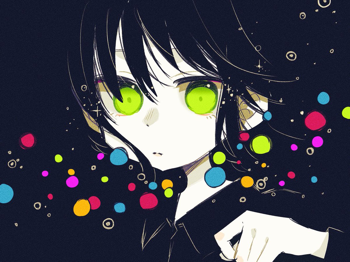 solo 1girl green eyes black hair looking at viewer shirt black shirt  illustration images