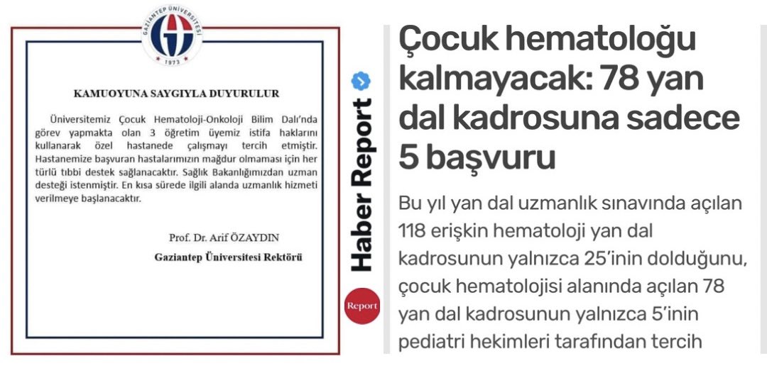 HaberReport's tweet photo. Gaziantep ve çevre illerden birçok kanser hastası çocuğun tedavi gördüğü Gaziantep Üniversitesi Çocuk Hematoloji-Onkoloji Bölümündeki tüm hocaların istifası nedeniyle bölüm kapandı. 

Hasta çocuklar mağdur.

6 yıl tıp fakültesi üstüne 4 yıl çocuk hastalıkları uzmanlığı, onun da üstüne 3 yıl hematoloji-onkoloji yan dal uzmanlık eğitimi almış çok az sayıda hekim olması nedeniyle; hastaların bekleyişinin uzun süreceği tahmin ediliyor.