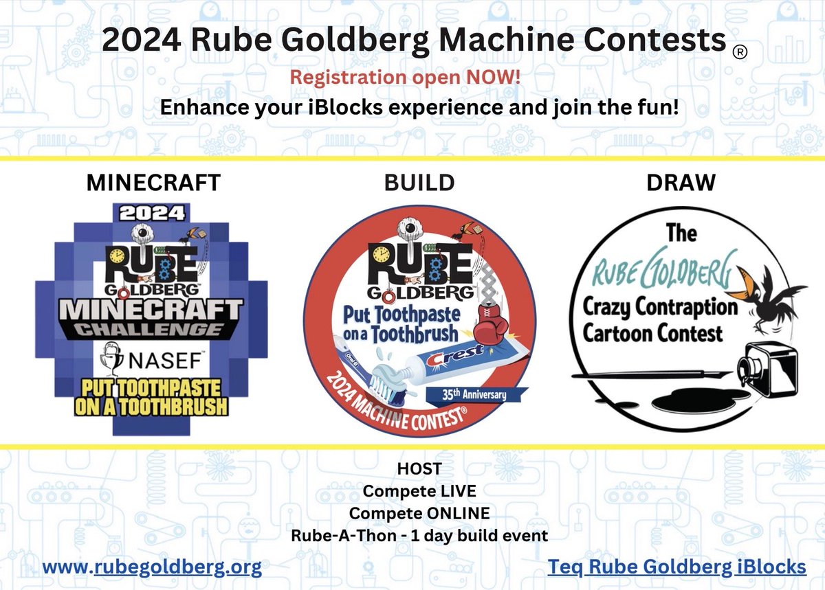 Registration is open for the 2024 @RubeGoldberg Machine Contests‼️ Build a contraption to put toothpaste on a toothbrush with online and in-person Rube Goldberg Machine contests, a Minecraft challenge, and the Crazy Contraption Cartoon Contest! Sign up: hubs.ly/Q02gCwhF0