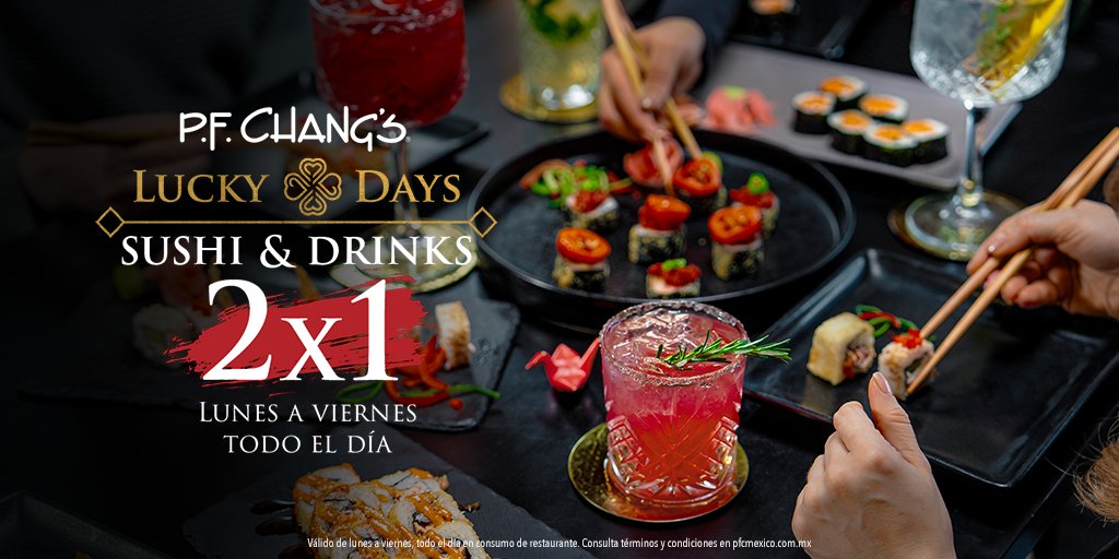 ¡Vibrando con la suerte en P.F. Chang’s durante los #LuckyDays! 🍀 Disfruta de tus rollos de sushi y drinks favoritos al 2x1. 🍣🍹 ¡La mezcla perfecta de sabor y fortuna! 🥢✨

#PFChangsMX #AsiaEnTuMesa #Drinks #SushiLovers