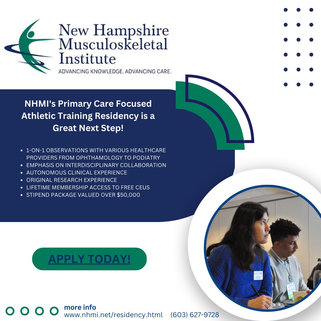 NHMI1994's tweet photo. Take your next great step! NHMI’s Athletic Training Residency’s robust network of physicians and providers will prepare you to excel as an athletic trainer in any setting. Applications due by April 1st, 2024. Visit our website for more information: https://t.co/w1iaqpVyq1 https://t.co/C8z020lZEV