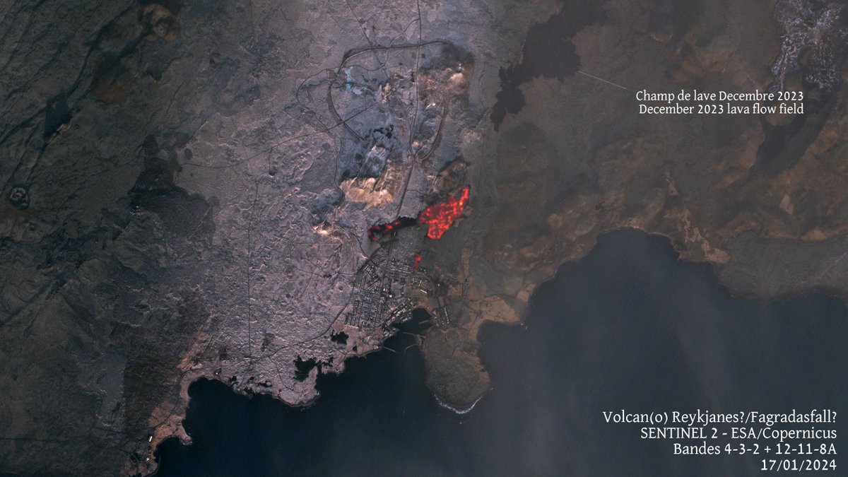 #volcan #volcano #Reykjanes (?) #Fagradasfjall (?) Les nouveaux champs de lave toujours à haute température/ The last lava flow fields remains hot; vis @sentinel_hub @esa @copernicus cc @SmithsonianGVP @mblfrettir @kosmi64833127 @volcaholic1