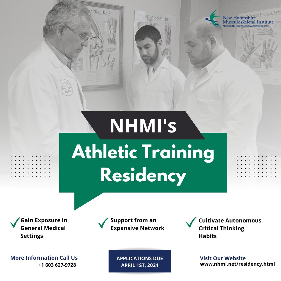 NHMI1994's tweet photo. Take your next great step! NHMI’s Athletic Training Residency’s robust network of physicians and providers will prepare you to excel as an athletic trainer in any setting. Applications due by April 1st, 2024. Visit our website for more information: https://t.co/w1iaqpW6fz https://t.co/2B6uXAIu3E