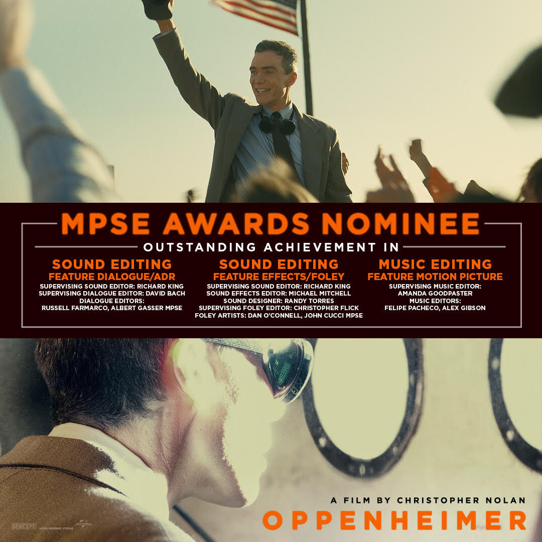 Congratulations to the #Oppenheimer team on their MPSE Awards nomination for Outstanding Sound and Music Editing.