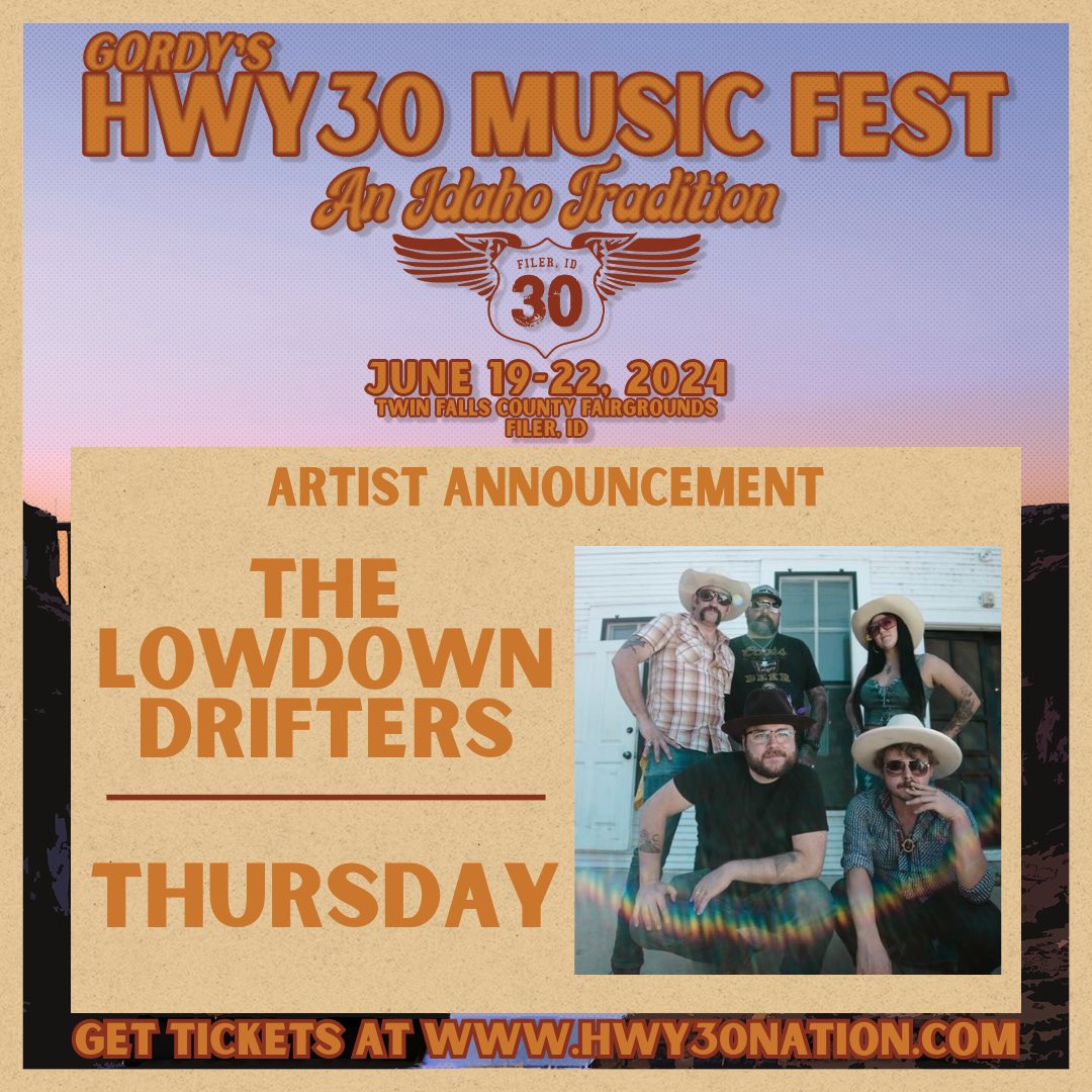 ‼️BAND ANNOUNCEMENT‼️

We are excited to add <a href="/lowdowndrifters/">The Lowdown Drifters</a> to the THURSDAY, June 20th lineup! 

You don’t want to miss their performance!!
Secure your passes before they are gone… 
🎫 hwy30nation.com