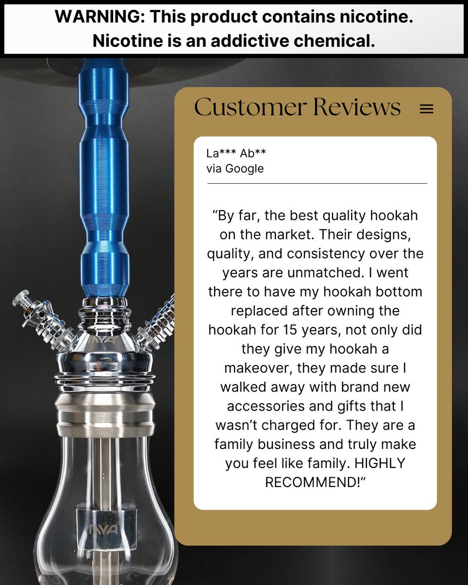 myahookah's tweet photo. Looking for a premium quality hookah or still thinking twice? Our top-grade hookahs and exceptional customer service are earning rave reviews online! See it for yourself and check out our wide collection of hookahs!
#Hookah #MYAHookah #MYAHookahCharcoal #MXFunction #MYAQT https://t.co/AJMsvaradC