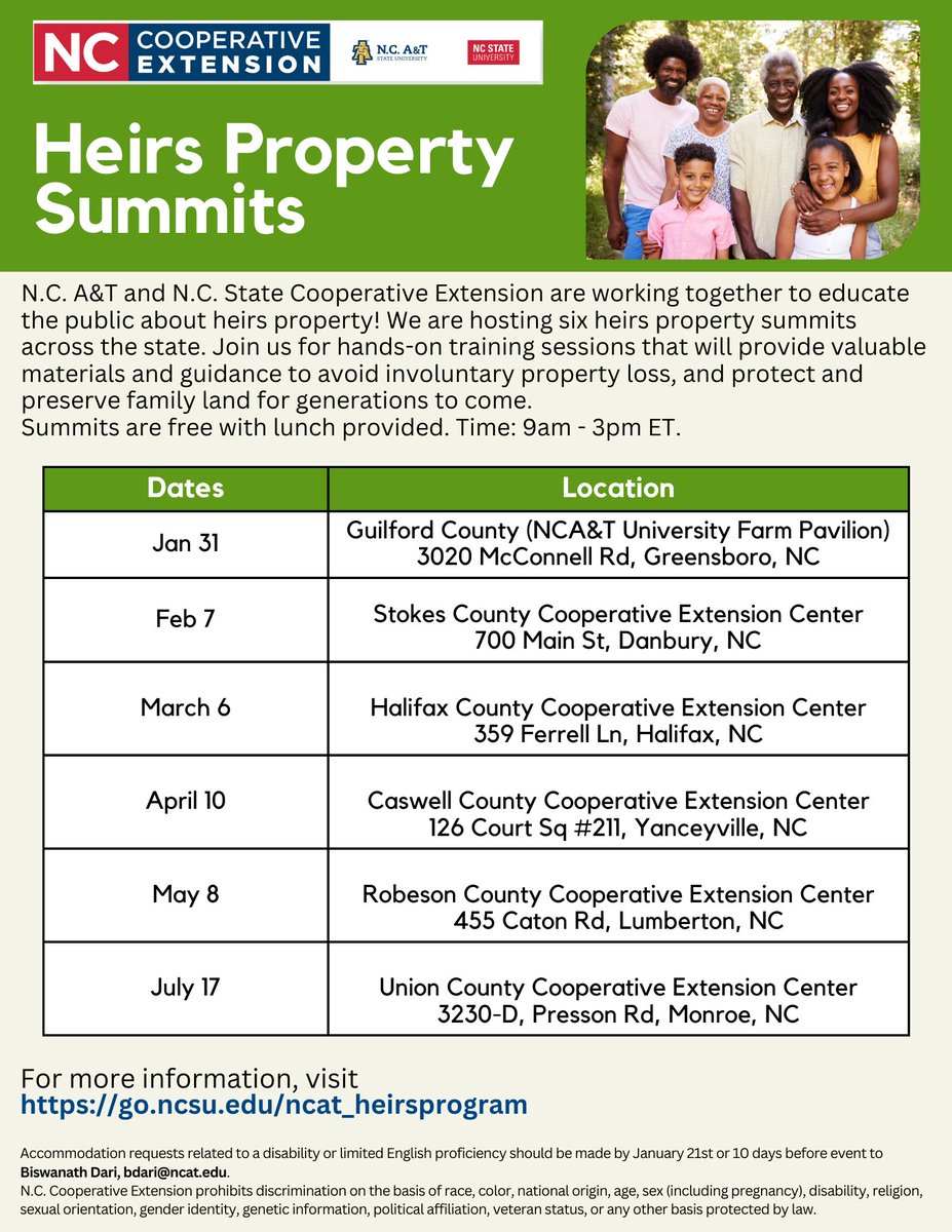 NC State Extension Forestry (@ncsuextforestry) on Twitter photo Registration is live for all of the Heirs Property Summits!
<a href="/ncatcaes/">N.C. A&T CAES</a> <a href="/NCATExtension/">N.C. A&T Extension</a>
NCA&T- ncat.az1.qualtrics.com/jfe/form/SV_di…
Stokes- ncat.az1.qualtrics.com/jfe/form/SV_bP…
Halifax- ncat.az1.qualtrics.com/jfe/form/SV_06…
Caswell- ncat.az1.qualtrics.com/jfe/form/SV_2m…
Robeson- ncat.az1.qualtrics.com/jfe/form/SV_dg…
Union- ncat.az1.qualtrics.com/jfe/form/SV_0H… Registration is live for all of the Heirs Property Summits!
<a href="/ncatcaes/">N.C. A&T CAES</a> <a href="/NCATExtension/">N.C. A&T Extension</a>
NCA&T- ncat.az1.qualtrics.com/jfe/form/SV_di…
Stokes- ncat.az1.qualtrics.com/jfe/form/SV_bP…
Halifax- ncat.az1.qualtrics.com/jfe/form/SV_06…
Caswell- ncat.az1.qualtrics.com/jfe/form/SV_2m…
Robeson- ncat.az1.qualtrics.com/jfe/form/SV_dg…
Union- ncat.az1.qualtrics.com/jfe/form/SV_0H…
