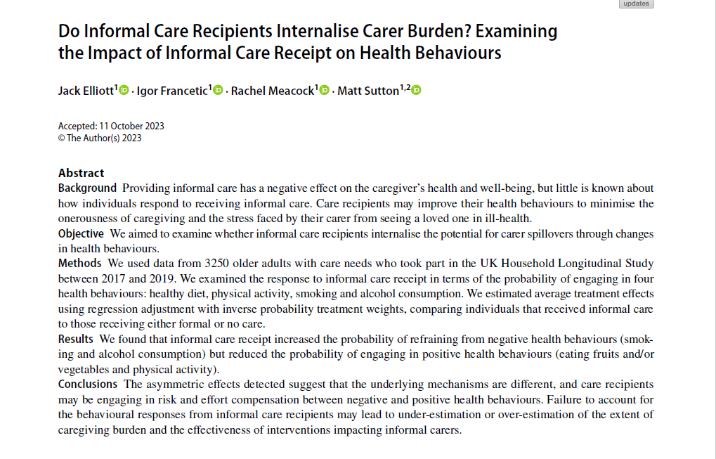 Do informal care recipients internalise carer burden?

We find that informal care receipt has an asymmetric impact on health behaviours, depending upon whether the health behaviour is positive or negative.

link.springer.com/article/10.100…
