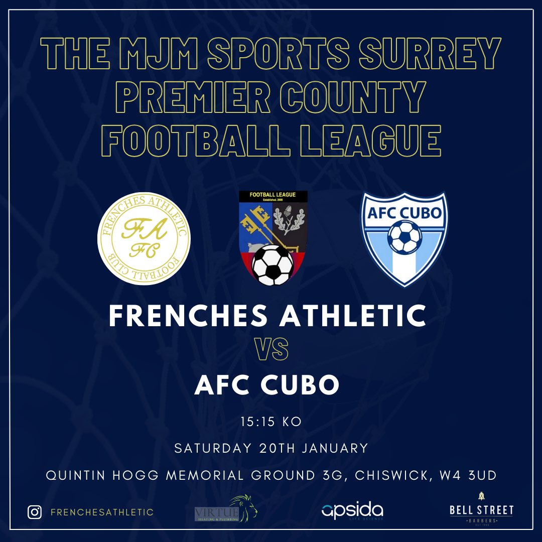 NEXT UP 🔌 

🗓️ Saturday 20th January 
🏆 The Surrey Premier County Football League Premier Challenge Cup
🆚 @AFCCubo 
🏟️ Quintin Hogg Memorial Ground 3G, Hartington Rd, Chiswick, London W4 3UD
📍 W4 3UD
🕰️ 15:15 KO
🎥 Live with VEO

All support welcome! 🔊 

UTF 🇫🇷 

🟦🟥🟦🟥🟦