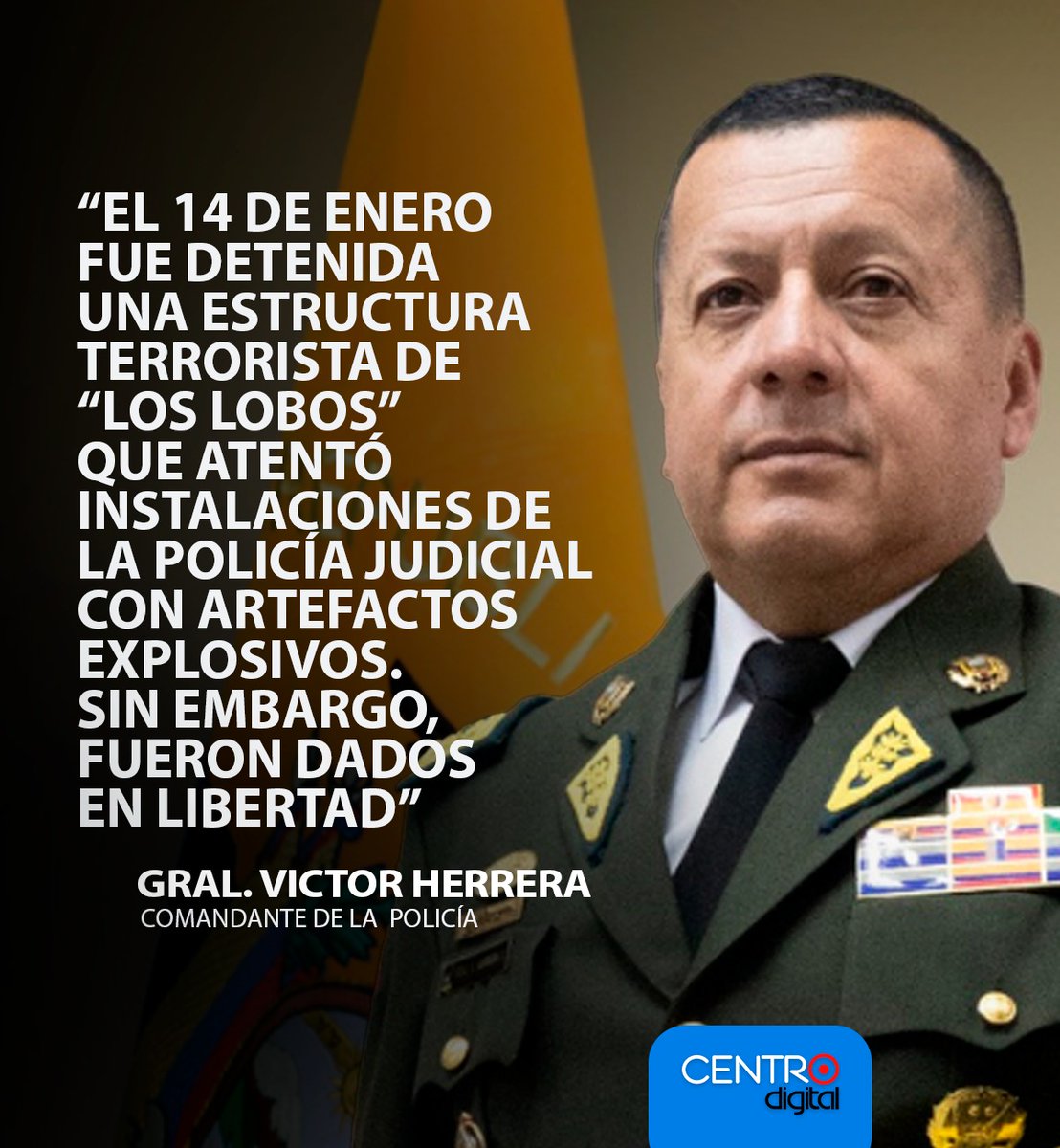 radiocentroec's tweet photo. #ATENCIÓN | El Gral. Victor Herrera expresó su malestar porque los delincuentes siguen beneficiándose por las leyes y dados en libertad, ya que el fin de semana detuvieron a una organización terrorista del grupo “los lobos” que atentaron a instalaciones de la policía, encontrándoles 11 vainas percutidas de municiones de armas largas, y 20 cápsulas detonantes no eléctricas.
Manifiesta que hay videos donde se muestra que ellos fueron los que hicieron el atentado, además que se movilizaron en vehículos reportados como robados. En ese momento detuvieron a 6 personas, incluido un menor de edad, sin embargo solo 1 persona fue detenida y los demás solo deberán ir a firmar.
