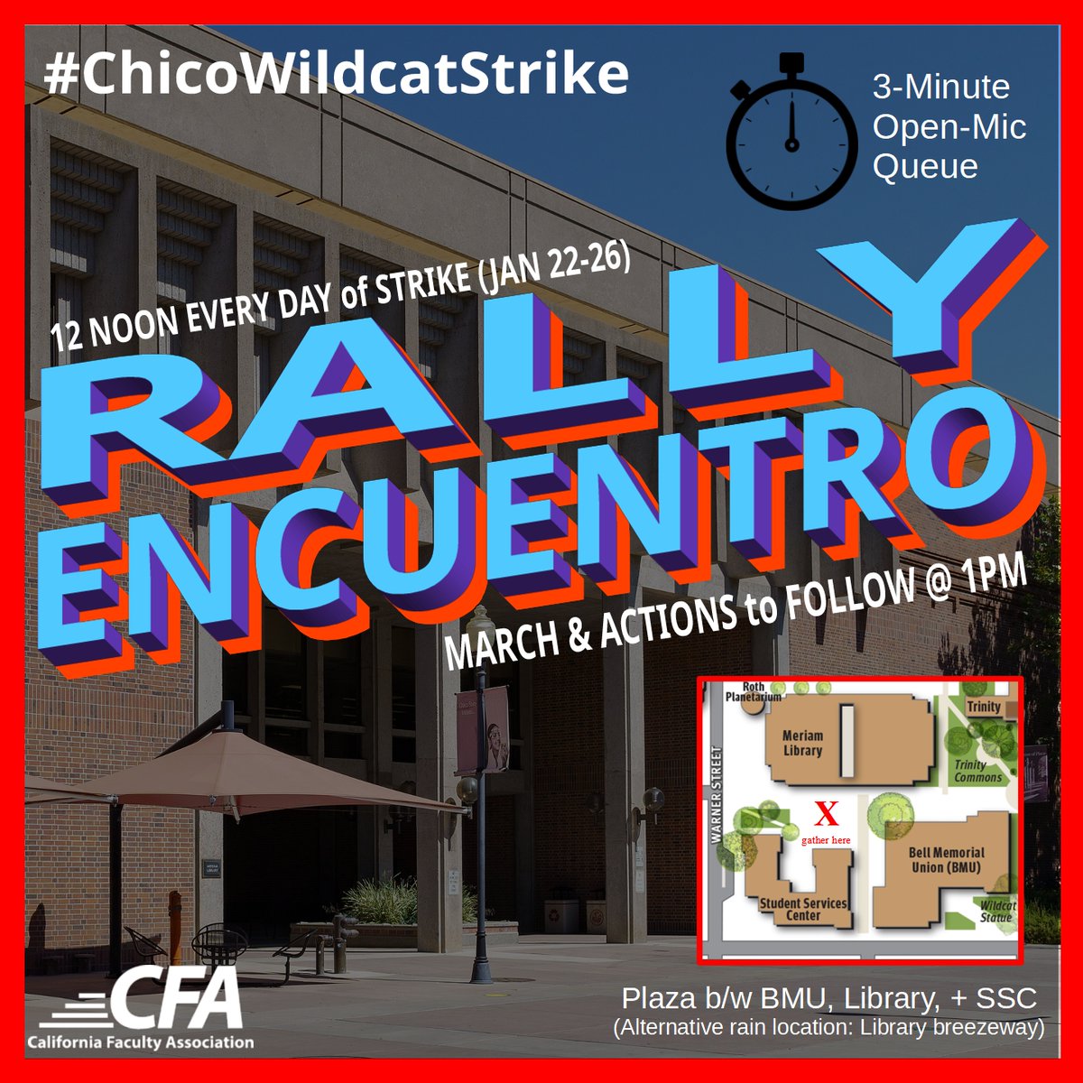 Rallies/encuentros will be held @ 12 Noon each day of the <a href="/CFA_United/">California Faculty Association</a> strike (Jan 22-26) at Chico State. Attend w/ your fellow workers, students, &amp; other campus community members to voice your frustrations to + aspirations for the CSU! <a href="/cfa_chico/">ChicoCFA</a> #WeAreTheCSU #ChicoWildcatStrike