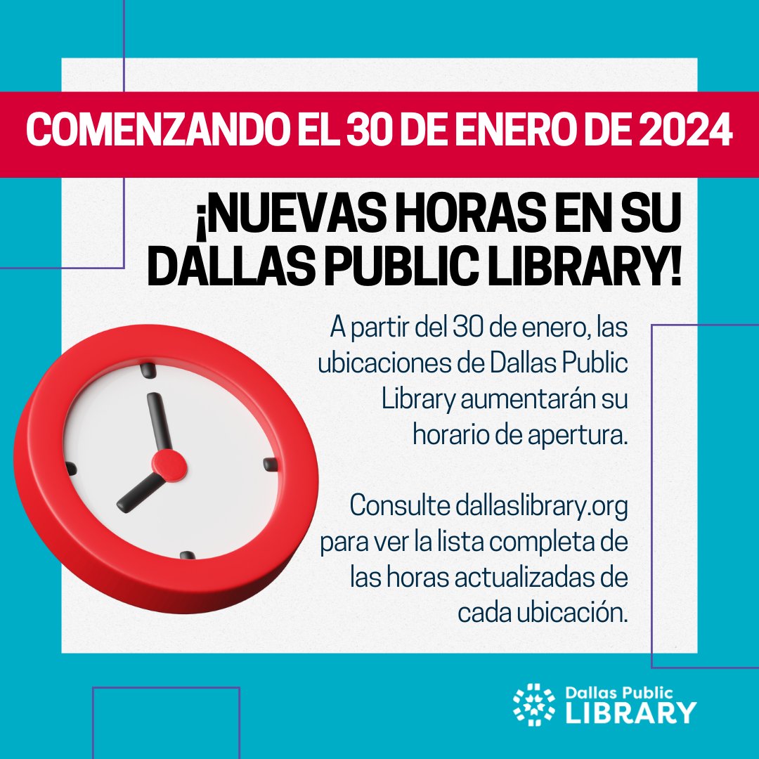 dallaslibrary's tweet photo. 📣  📚⏰📈‼️  📣
¡Nuevas horas en su Dallas Public Library comenzando el 30 de enero!
Consulte https://t.co/JHRql3WbhV para ver la lista completa de las horas actualizadas de cada ubicación. https://t.co/d5dZJLoIeu