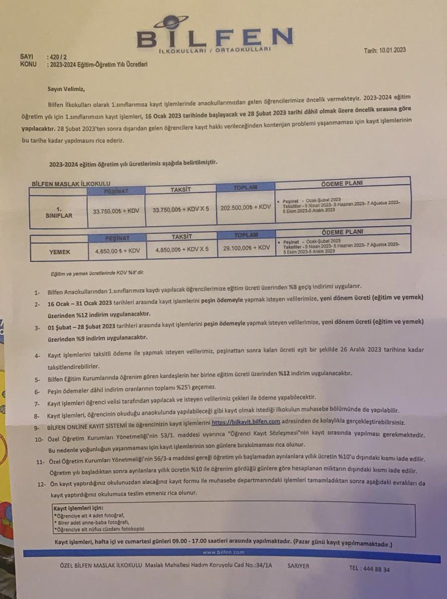 akaliny's tweet photo. Bilfen 1. Sınıf ücretlerini açıkladı: yemek dahil 640 bin TL, aşağıda fotolarını koydum, geçen sene o günkü kur ile 13.500 USD, bugün ise 21.300 USD. Bir senede dolar bazında %58 zammın izahı yok. 

Dünyanın hiçbir yerinde USD bazında böyle bir kazanç da yok. Fırsatlar ülkesi!!! https://t.co/y0qiO7zSQC