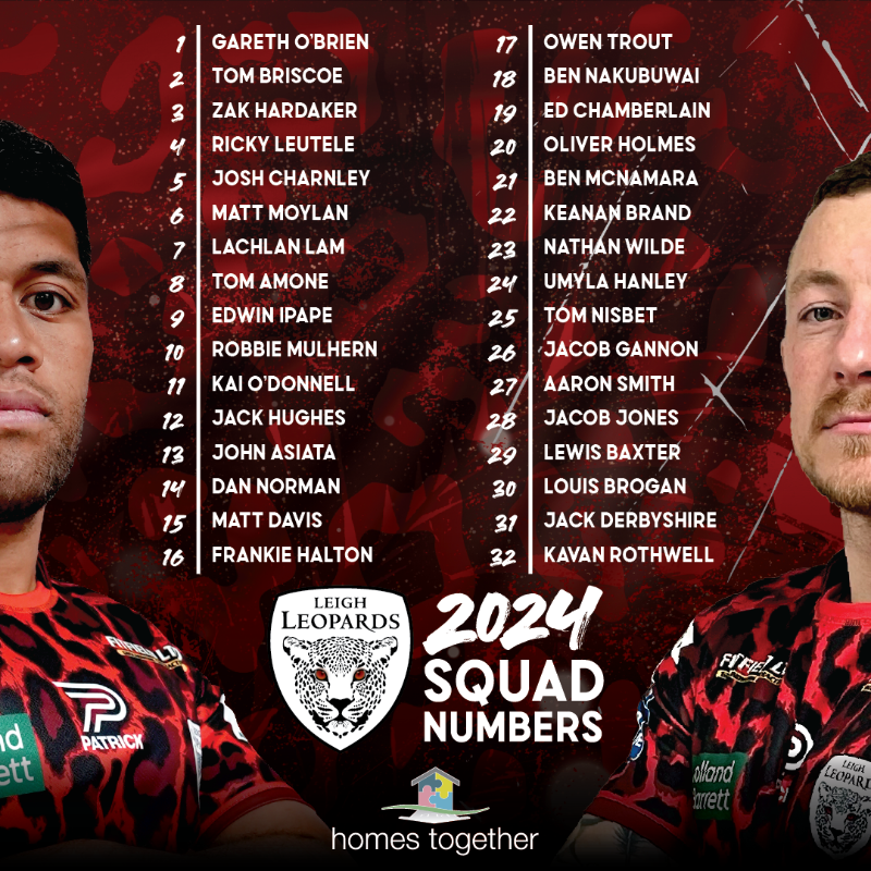 LeighLeopardsRL's tweet photo. 𝟮𝟬𝟮𝟰 𝗦𝗘𝗔𝗦𝗢𝗡 𝗦𝗤𝗨𝗔𝗗 𝗡𝗨𝗠𝗕𝗘𝗥𝗦 🐆

Tap below to read Adrian Lam's comments on his squad number selection.