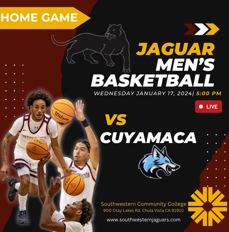 Join us cheering on our Jaguar Men’s Basketball’s Home Game  vs Cuyamaca at 5:00 pm. Live stream youtube.com/live/G0JrXfAfv… Ticket Pricing: $5 General Admission/ $ 4 Military ID, Children 12 under, Seniors 55+ / $3 SWC Staff, Faculty, and Students. #gojaguars #jucobasketball