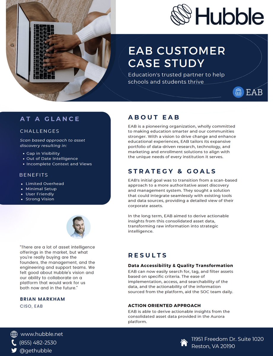 Discover how EAB transformed their asset visibility strategy with our latest case study. Uncover the insights behind their remarkable transition. 🔍 Read the full story on our website.

#CAASM #CyberSecurity #InformationSecurity hubbl.la/3RIWBpf