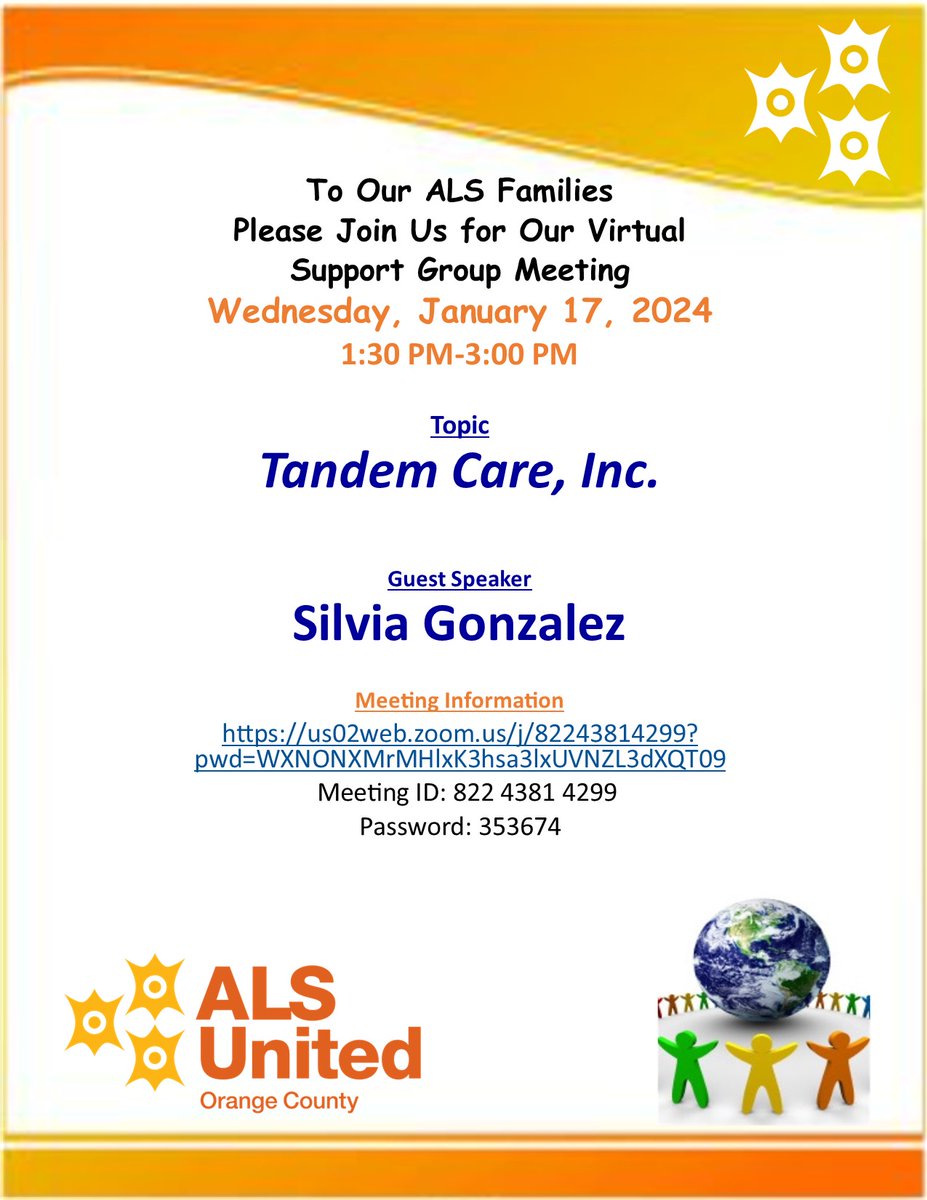 Please join us today, January 17, 2024,  for our Virtual Support Group meeting at 1:30pm. We will have Silvia Gonzalez from Tandem Care, Inc discussing their benefits and services. See flyer for details. Hope to see you there.