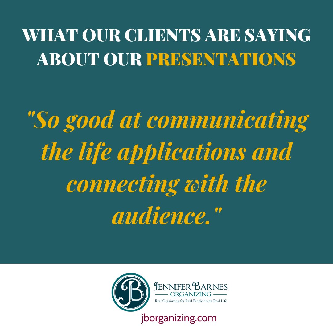 Speaking Testimonial - what our clients are saying about our presentations. #jborganizing #professionalorganizer #realorganizingforrealpeopledoingreallife #onestepatatime #jbsorganizers #professionalspeaker #testimonials #thankyou #greatclients