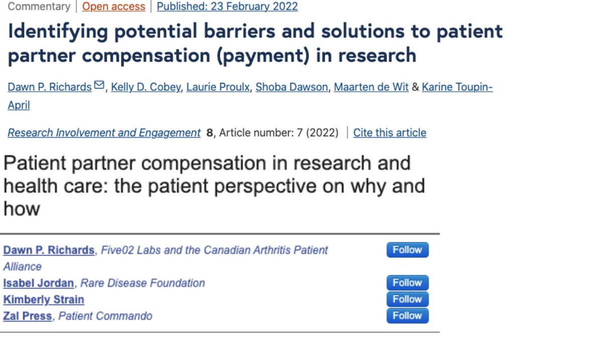 This builds on previous work led by other patient partners and researchers on patient partner compensation: researchinvolvement.biomedcentral.com/articles/10.11…; pxjournal.org/journal/vol5/i…. We add nuanced insights from a wide-ranging sample of patient partners across Canada.
