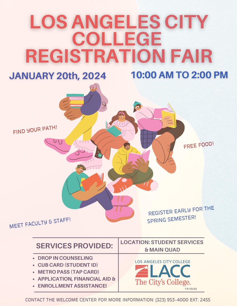 LACityCollege's tweet image. 🚨 Big News, LACC Students! Join us for the Enrollment Fair on Jan 20th! Can't be there in person? No worries! Our Virtual Welcome Center Team is ready to assist you on Zoom. Get all the help you need, wherever you are! 🖥️💡 #LACCEnrollmentFair #VirtualHelp #StartYourJourney 🌟🎓