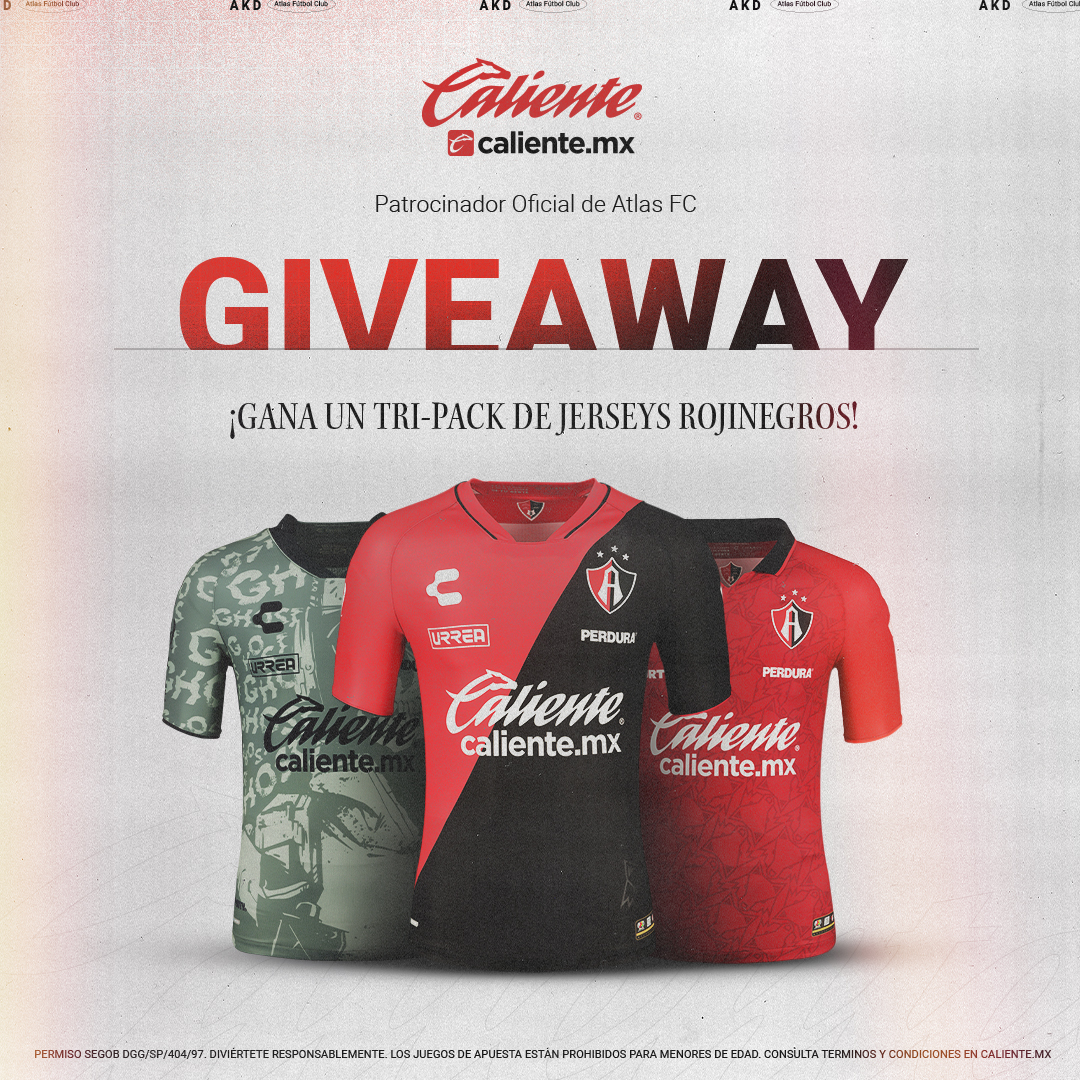 AtlasFC's tweet photo. 🚨🦊 GIVEAWAY ROJINEGRO 🦊🚨

Ya arrancó el CL24 y puedes ganar un TRI-PACK de Jerseys (Local, visita y alterno) para apoyar a LA ACADEMIA 🔴⚫️👕

1️⃣Dale RT y ❤️

2️⃣Sigue a @calientesports en TW e IG en este link 📲https://t.co/1TW6pxMMJd

3️⃣Etiqueta a un amigo, comenta por qué ATLAS FC es tu equipo favorito y agrega el HT #MásAcciónMásDiversión 🔥