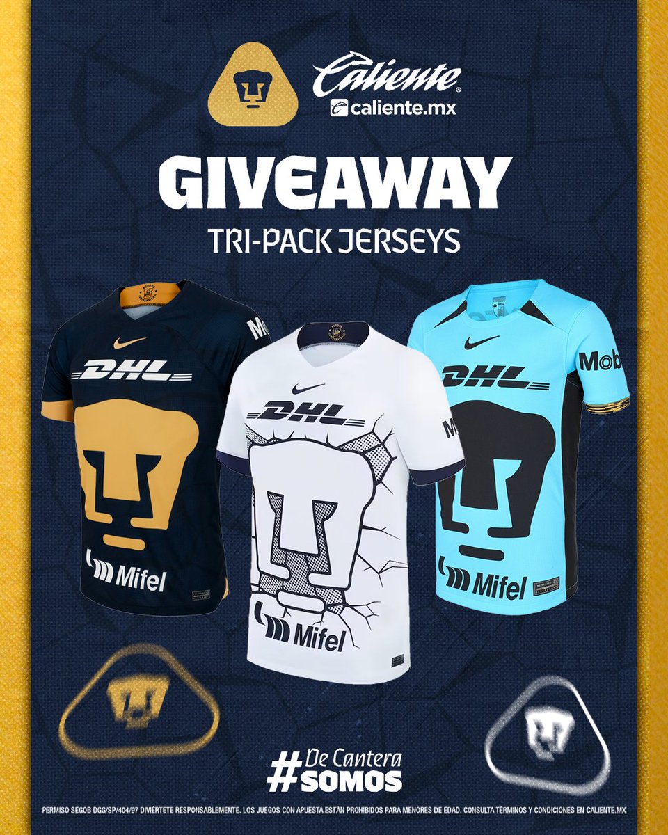 🚨🐾 GIVEAWAY PUMA 🐾🚨

Ya arrancó el CL24 y puedes ganar un TRI-PACK de Jerseys (Local, visita y alterno) para apoyar al AZUL y ORO  😮‍💨👕

1️⃣Dale RT y ❤️
2️⃣Sigue a <a href="/calientesports/">Caliente Sports</a> en X e IG en este link 📲instagram.com/caliente_sports
3️⃣Etiqueta a un amigo, comenta por qué PUMAS es