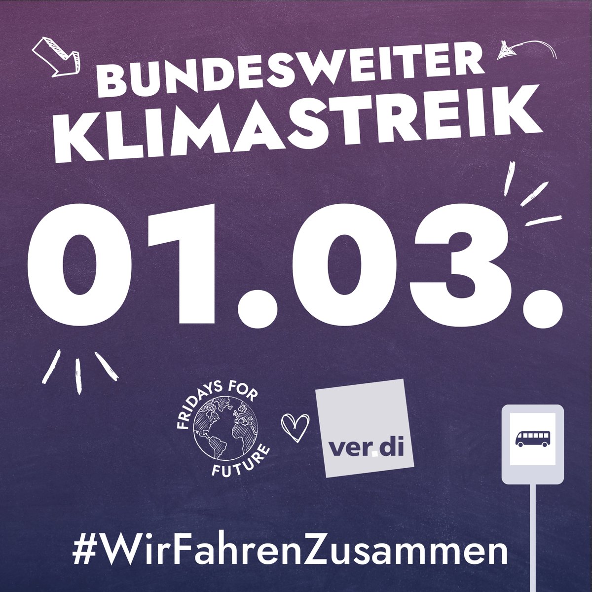 Am 1. März ist bundesweiter KLIMASTREIK! 🥳 Wir rufen mit @FridayForFuture und @_verdi gemeinsam auf, für faire Arbeitsbedingungen im ÖPNV und klimafreundliche Mobilität für alle auf die Straße zu gehen! #WirFahrenZusammen #Klimastreik #FridaysForFuture #StudentsForFuture