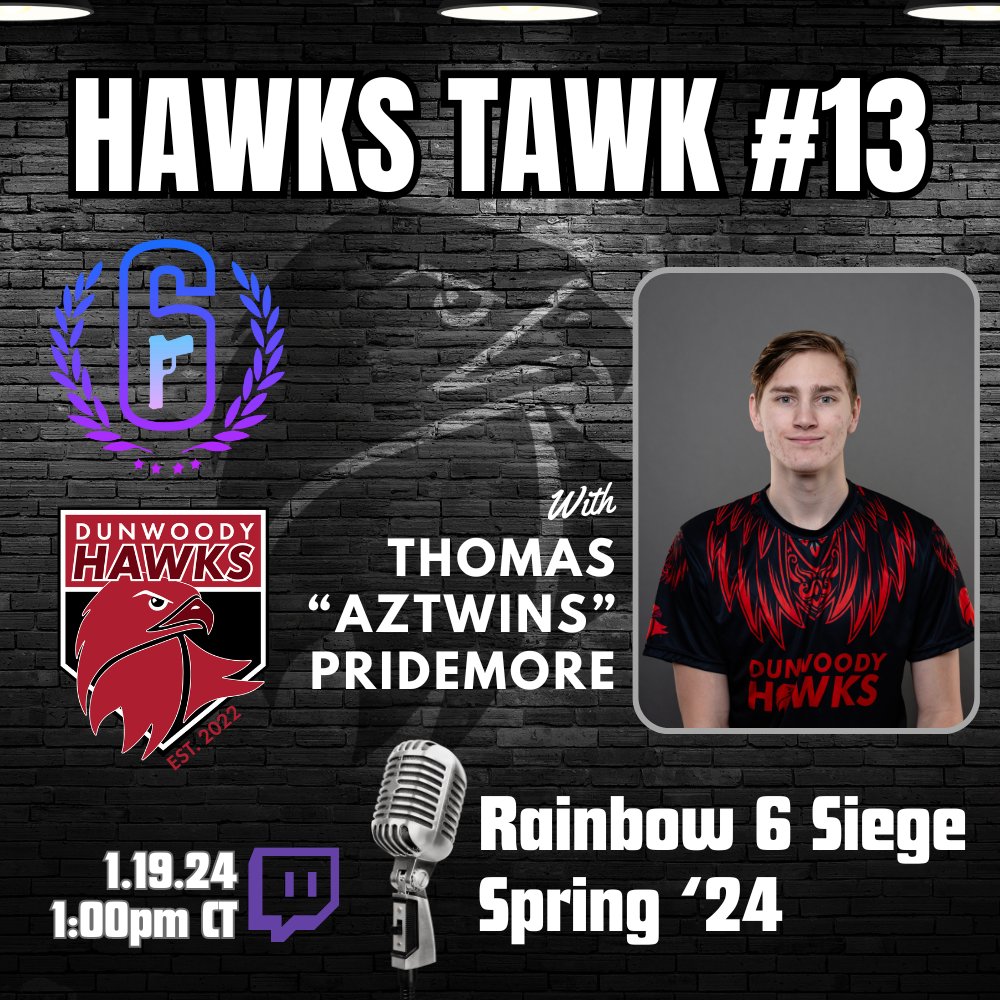 DunwoodyHawks's tweet image. Mark your calendars for this Friday and join us for a special edition of Hawk Tawk – Episode 13. Our very own Hawks captain, Thomas Pridemore, will be sharing his insights!
twitch.tv/dunwoodyhawkse…

#BornToDo #HawkTawk #Esports #Interview