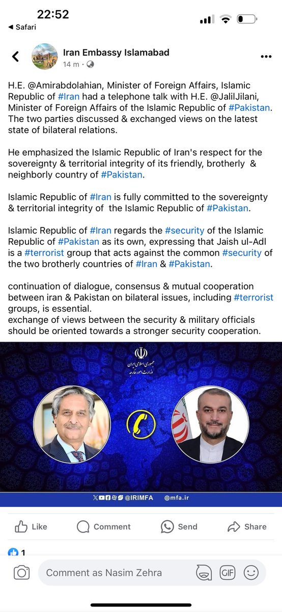NasimZehra's tweet photo. MOFA issues a statement on the tel call Pak FM @JalilJilani received from
his Iranian counterpart. Pak Min strongly condemned the attack & conveyed that Pak “reserves the right  to respond to Iran’s provocative act.” Iran emb is Pak also issues a statement which is deceptive & misleading . It neither makes note of Pakistan’s strong worded condemnation nor its own attack & offers no apology. There is infact business as usual  tone to it. It MUST NOT be business as usual without  Iran the aggressor issues an  unconditional apology. #IrantheAggressor
