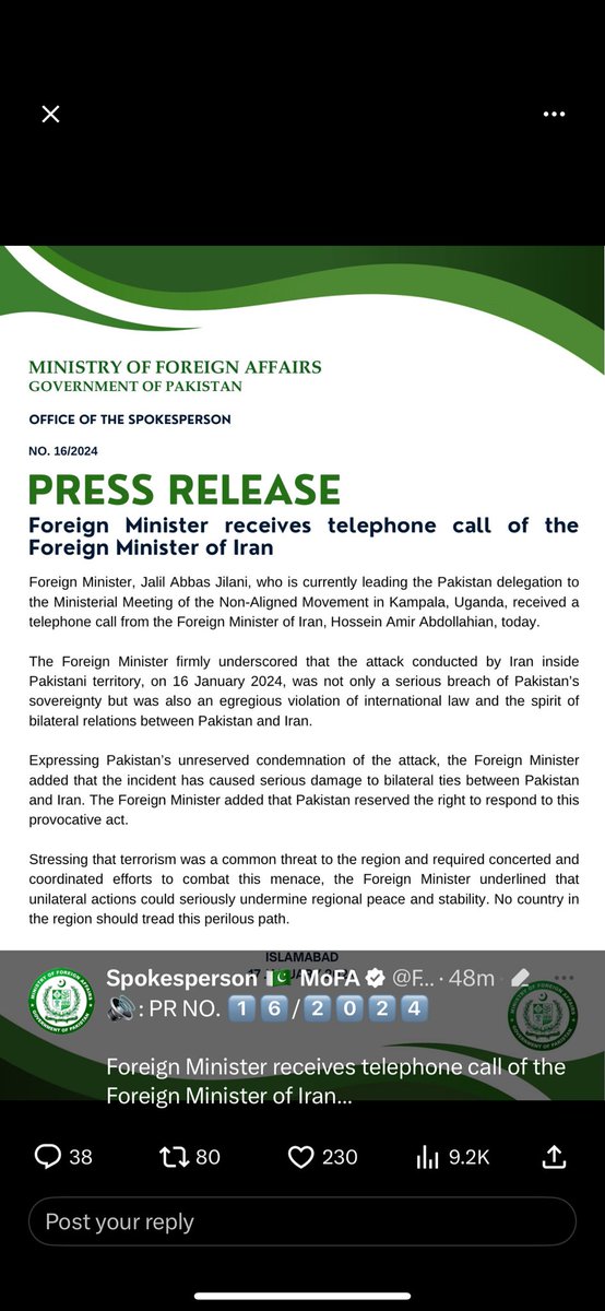 NasimZehra's tweet photo. MOFA issues a statement on the tel call Pak FM @JalilJilani received from
his Iranian counterpart. Pak Min strongly condemned the attack & conveyed that Pak “reserves the right  to respond to Iran’s provocative act.” Iran emb is Pak also issues a statement which is deceptive & misleading . It neither makes note of Pakistan’s strong worded condemnation nor its own attack & offers no apology. There is infact business as usual  tone to it. It MUST NOT be business as usual without  Iran the aggressor issues an  unconditional apology. #IrantheAggressor