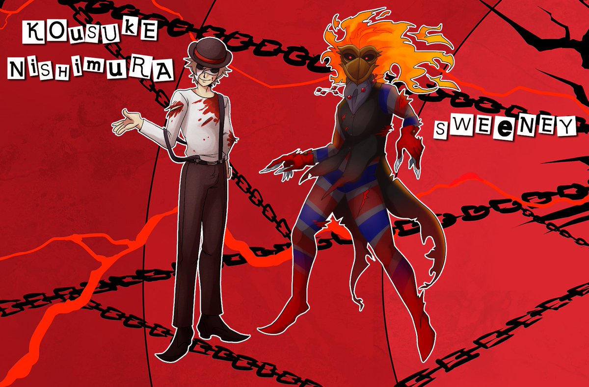 P_BehindTheMask's tweet photo. The main cast of Persona: Behind the Mask, a Persona Death Game!

Kousuke Nishimura and his Persona, Sweeney, of the Temperance Arcana

His ability allows him to create small time loops so he can find inconsistencies and help discover the truth https://t.co/G5D4z7JTyS