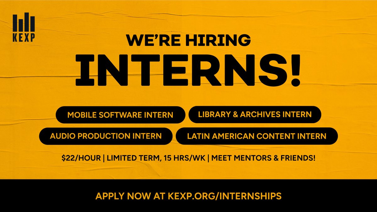 NOW HIRING! In 2024, we’re excited to offer four internships for emerging leaders to get hands-on experience in the music industry + nonprofits arts sector. Apply today: kexp.org/internships/?u…