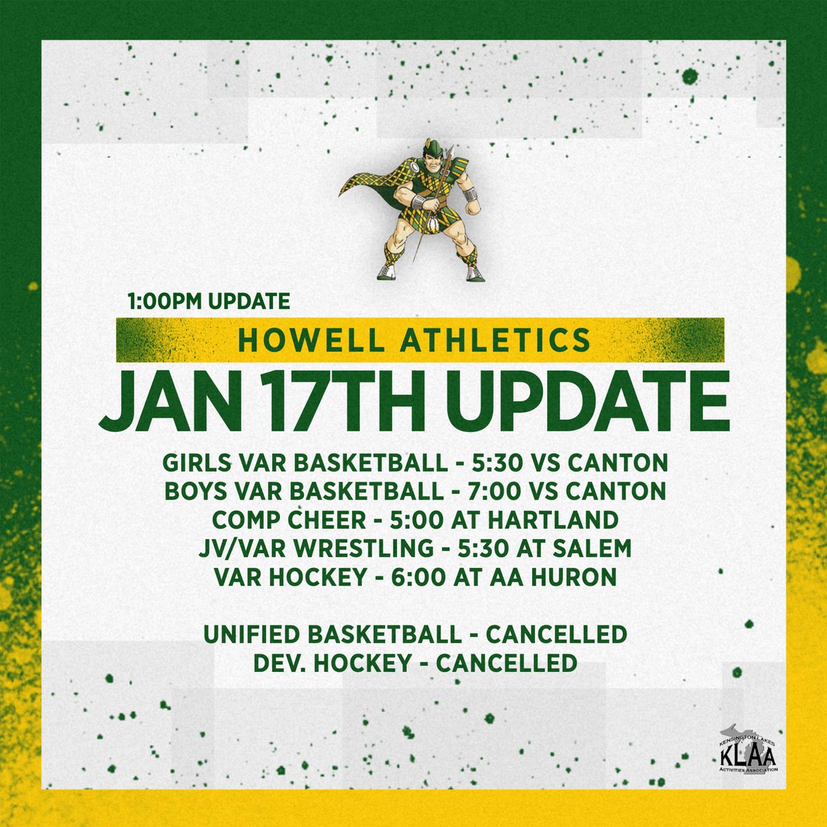 1:00pm update for athletic events. #OneHowell