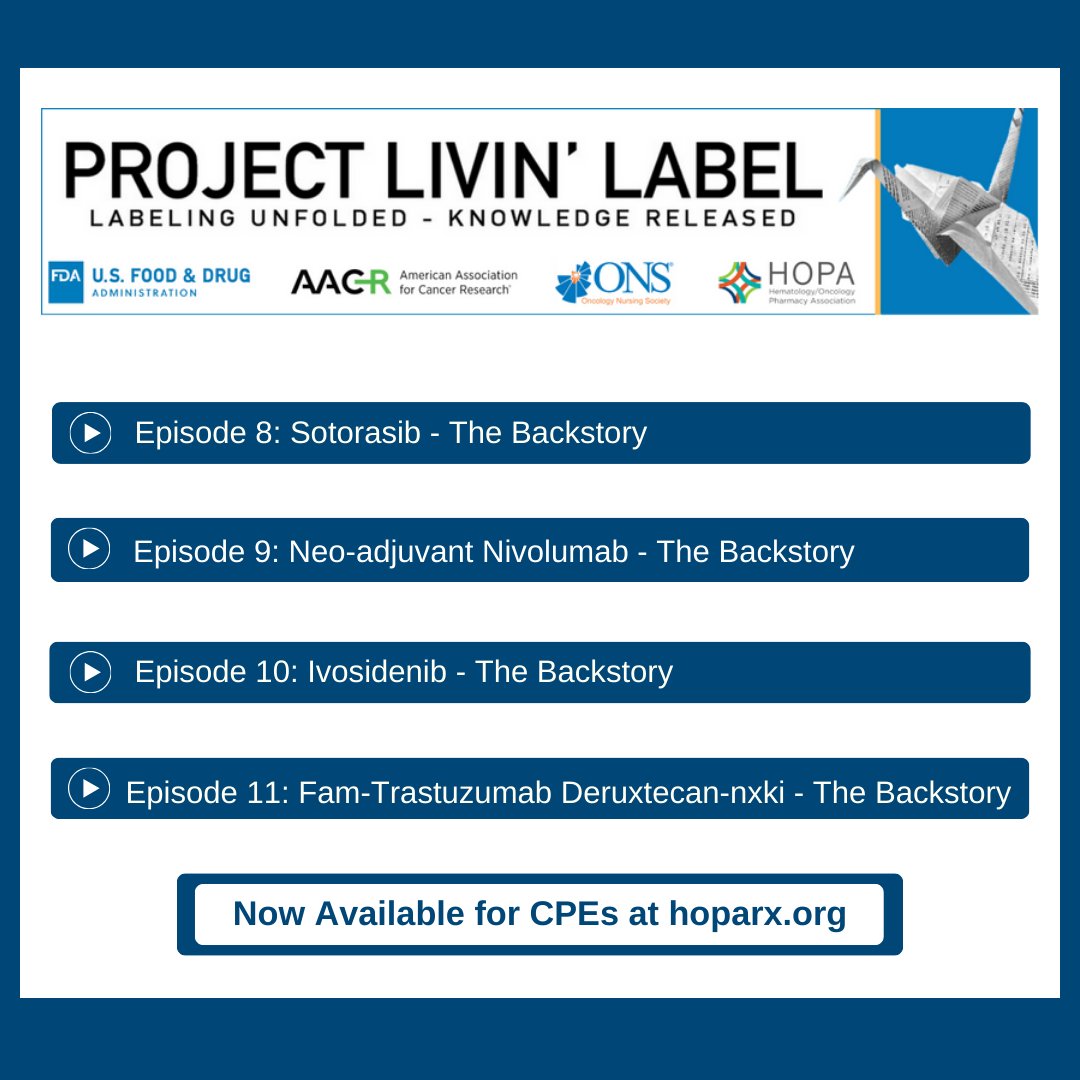 HOPArx's tweet photo. HOPA is partnering with @FDAOncology, @AACR and @oncologynursing on #ProjectLivinLabel to foster broad understanding of associated oncology product label and increase awareness of oncology product FDA approvals. Earn CPEs by reviewing video content here: https://t.co/d6p5CrMSSs https://t.co/Nr9GNWWGA9