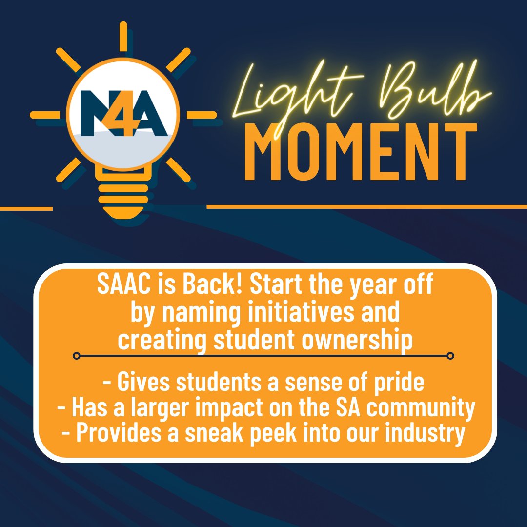 It's the first #LightBulbMoment of the year &SAAC is Back! 

Our student-athletes get have a great opportunity to lead & implement their ideas through SAAC. Start the year off by having them create a program from scratch, while providing a front row seat to the #SADev industry.
