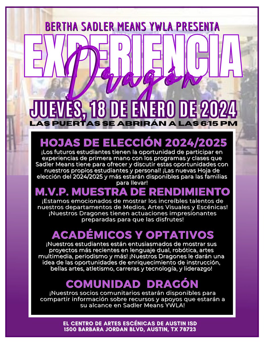 Join the <a href="/SadlerMeansYWLA/">Sadler Means</a> for our Dragon Experience on Thursday, 6:30-8pm at the <a href="/AustinISD/">Austin ISD</a> Performing Arts Center. See what our Media, Visual Arts, and Performance students are up to, check out choice sheets, and more!  #aisdproud #aisdfinearts #aisddance <a href="/AISDArts/">AISDArts</a>