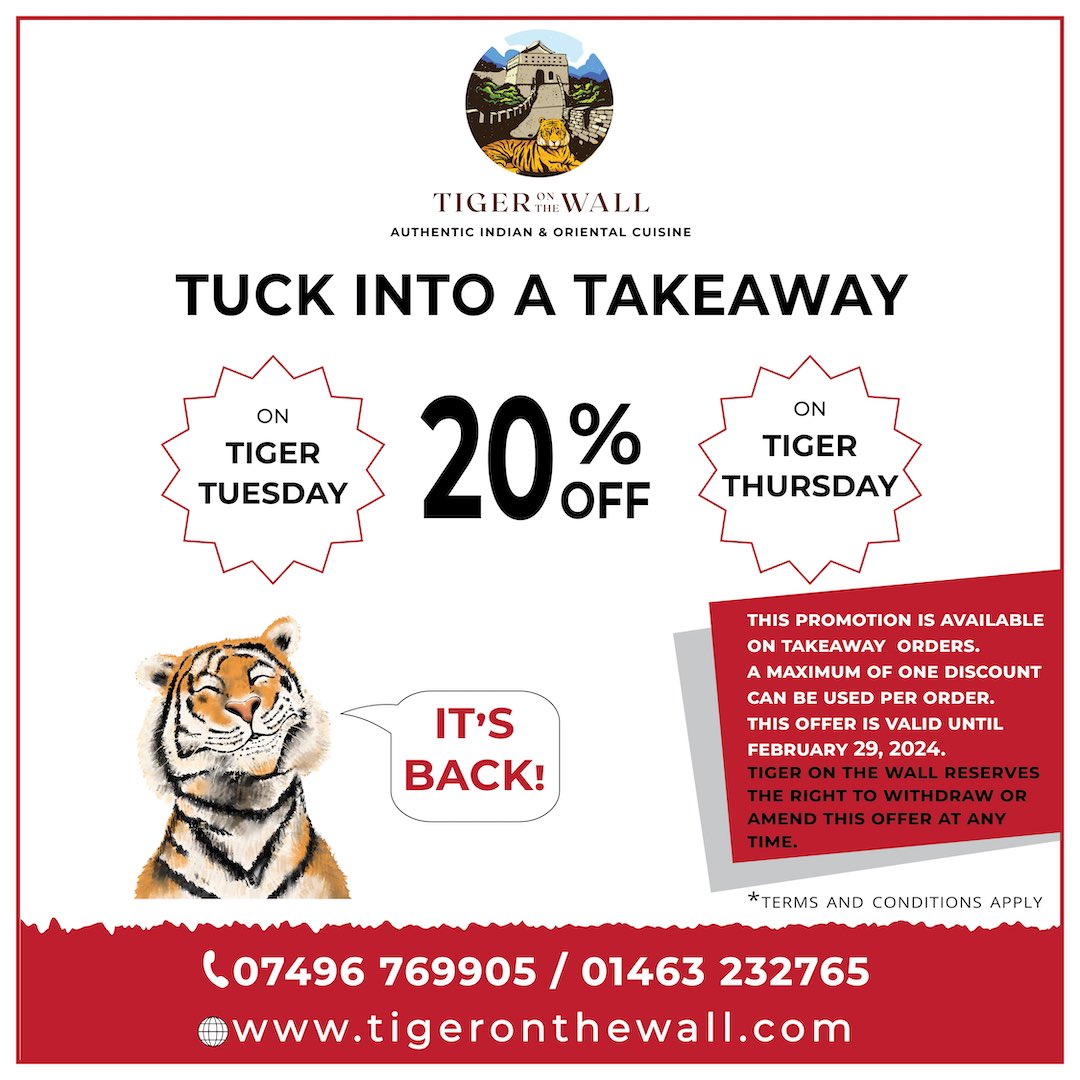 🎊Takeaway Offer🎊

On #tigertuesdays and #tigerthursday we’re offering 20% off on ALL takeaways! 🥳

This incredible offer is available until the 29th of February.  Share this post with friends and family 😊 

Enjoy our delicious food at the comfort of your home 🏠❤️

#takeaway