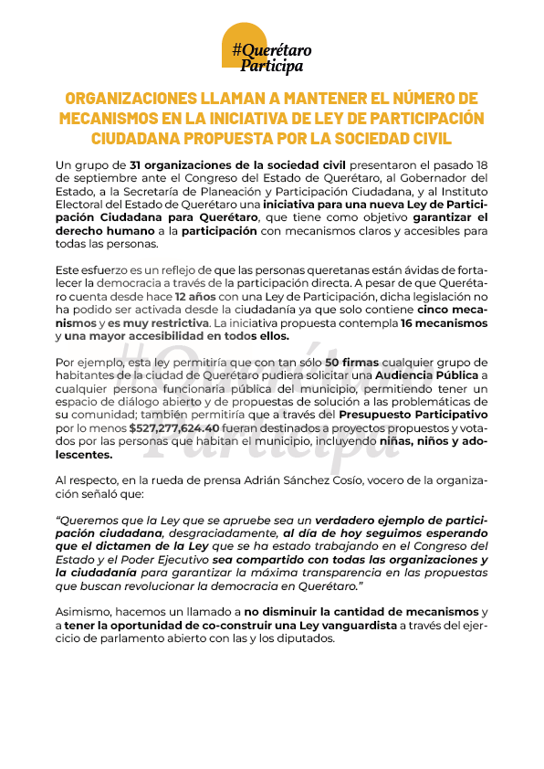 HoyPor_'s tweet photo. #Querétaro se merece una Ley de Participación Ciudadana que sea un ejemplo real de #ParticipaciónCiudadana.

Las personas que habitamos en Querétaro sí queremos que «llegue al siguiente nivel» pero queremos que sea de la mano de todas y de todos nosotros.

#QuerétaroParticipa https://t.co/waqaRfGnfM
