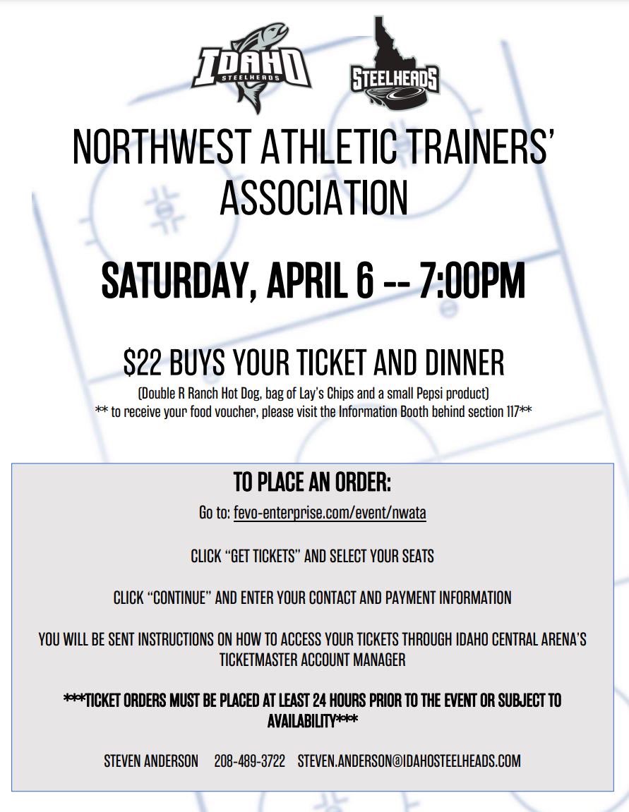 NWATAd10's tweet photo. Hey D10! On Saturday, April 6th, NWATA has a block of tickets available for anyone who is interested in attending the Idaho Steelheads hockey game! 

Tickets can be purchased at a discounted rate of $22.

Follow the link to purchase your tickets: https://t.co/8tsUVGGCk4 https://t.co/IRzprosiiB