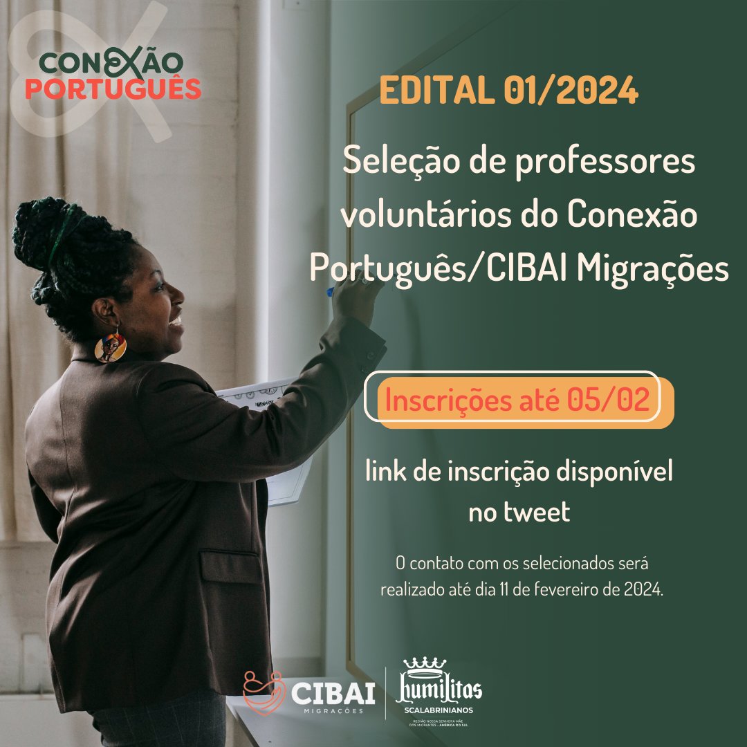 MMigracoes's tweet photo. 📣 Estamos em busca de corações #voluntários!
Abrimos o primeiro edital para professores voluntários do Programa de Conexão Português. 🌎✨ Se você tem paixão por ensinar e quer fazer a diferença na vida de migrantes, essa é a sua chance!
👇👇👇
 https://t.co/PBgWKqpImd https://t.co/FnTQIWZ9dP